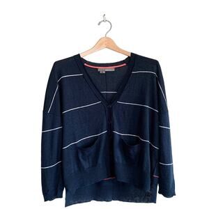 360 Cashmere Navy Blue and White Mini Button Up Cardigan Sweater Small